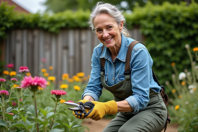 jardinage-femme-taillant-fleurs Femme souriante en jardinage taillant des fleurs avec sécateurs