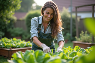 Femme inspectant des laitues dans un jardin maison