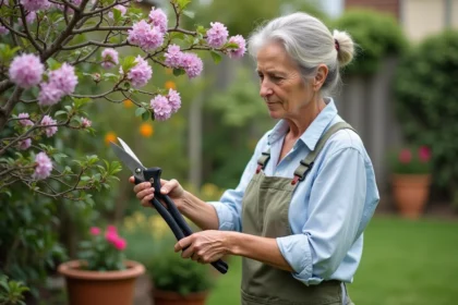Femme taillant un lilas des Indes dans son jardin