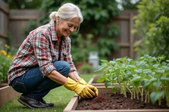 Femme jardinant avec café moulu autour de tomates