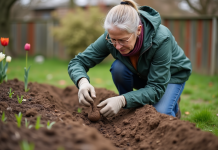 Femme jardinant en pleine terre avec tulipes au printemps