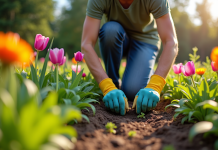 Jardinier en gants arrachant des mauvaises herbes dans un parterre fleuri