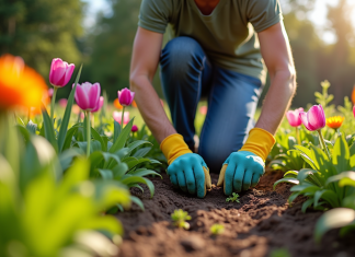 Éliminer efficacement les mauvaises herbes d’un massif de jardin : nos astuces clés ! Jardinier en gants arrachant des mauvaises herbes dans un parterre fleuri