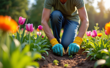 Éliminer efficacement les mauvaises herbes d’un massif de jardin : nos astuces clés ! Jardinier en gants arrachant des mauvaises herbes dans un parterre fleuri