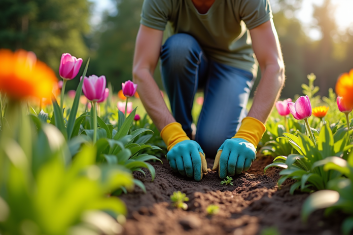 Jardinier en gants arrachant des mauvaises herbes dans un parterre fleuri