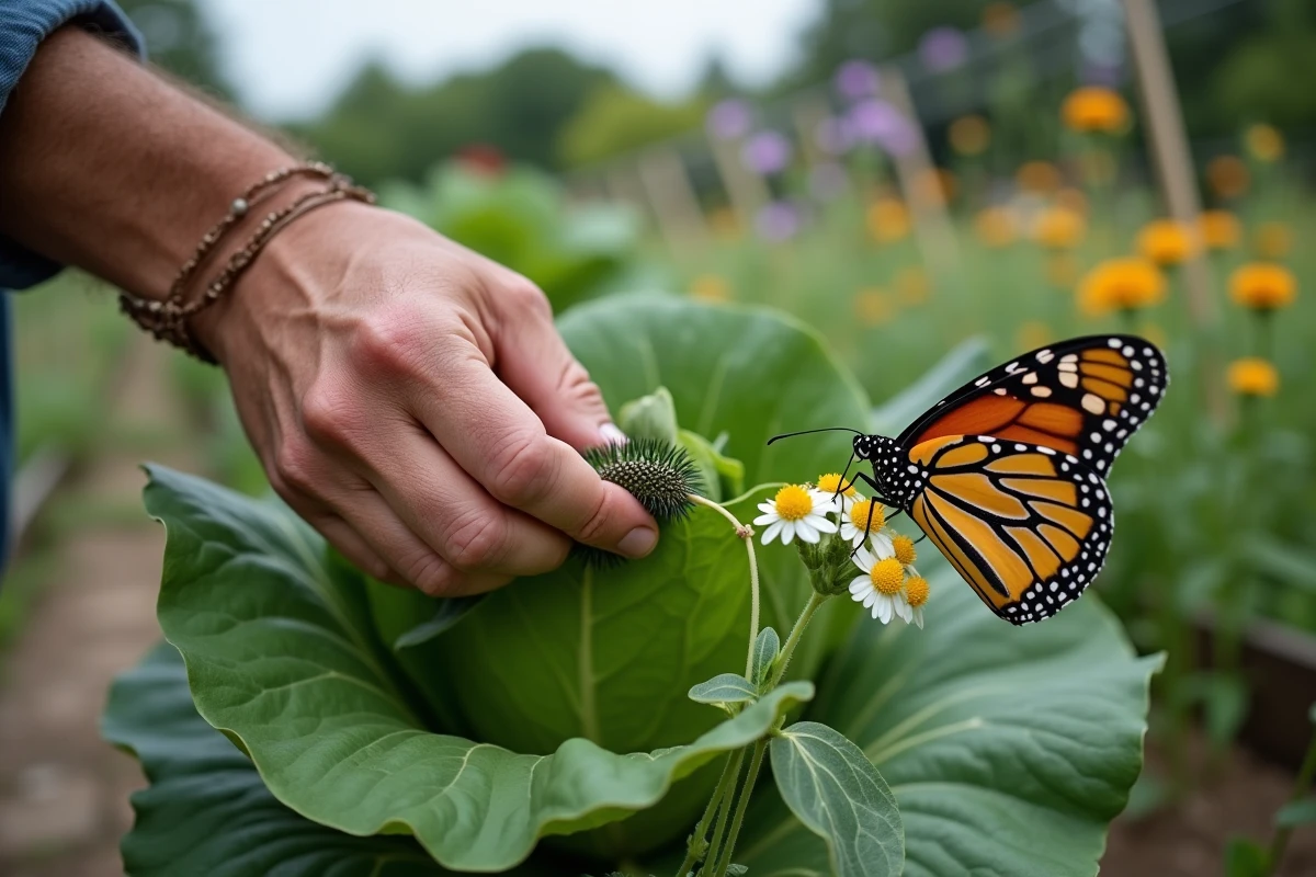 Jardinier inspectant des dégâts de chenilles sur un chou tout en préservant un papillon dans un potager biologique