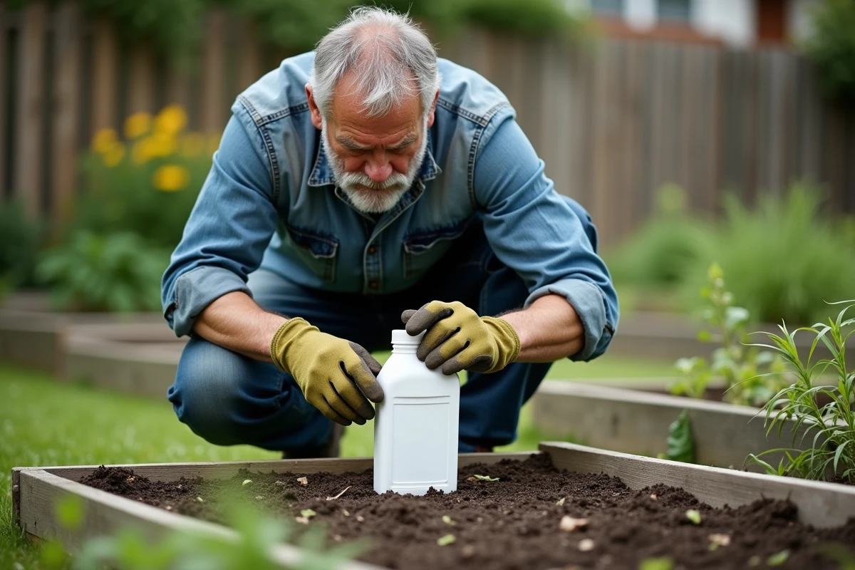 Jardinier lisant l'étiquette d'un désherbant radikal avant application sur un carré potager envahi de mauvaises herbes