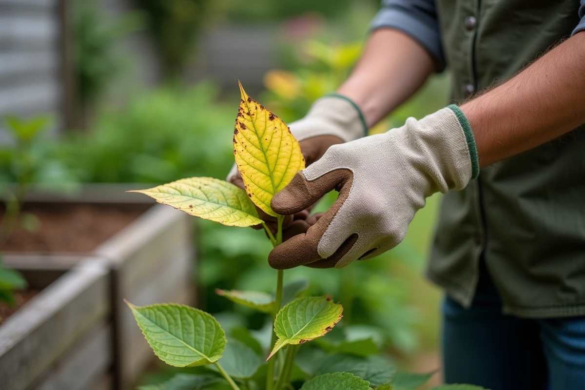 Jardinier examinant une feuille d'hortensia jaunie et desséchée dans un jardin en été, diagnostic du jaunissement par chaleur ou manque d'eau