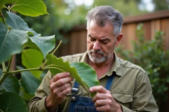 Homme jardinier inspectant une feuille de figuier avec taches pâles