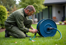 Différences entre Gardena et Husqvarna : comparaison des marques de jardinage Homme d'âge moyen ajustant un tuyau dans le jardin