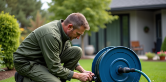 Différences entre Gardena et Husqvarna : comparaison des marques de jardinage Homme d'âge moyen ajustant un tuyau dans le jardin