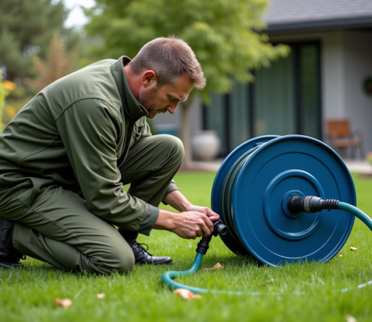 Différences entre Gardena et Husqvarna : comparaison des marques de jardinage Homme d'âge moyen ajustant un tuyau dans le jardin
