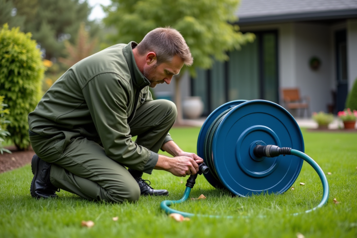 jardinier-hose-reel Homme d'âge moyen ajustant un tuyau dans le jardin