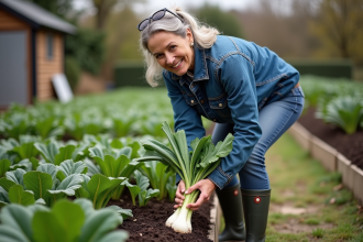 Femme en veste en denim récoltant un poireau dans le jardin