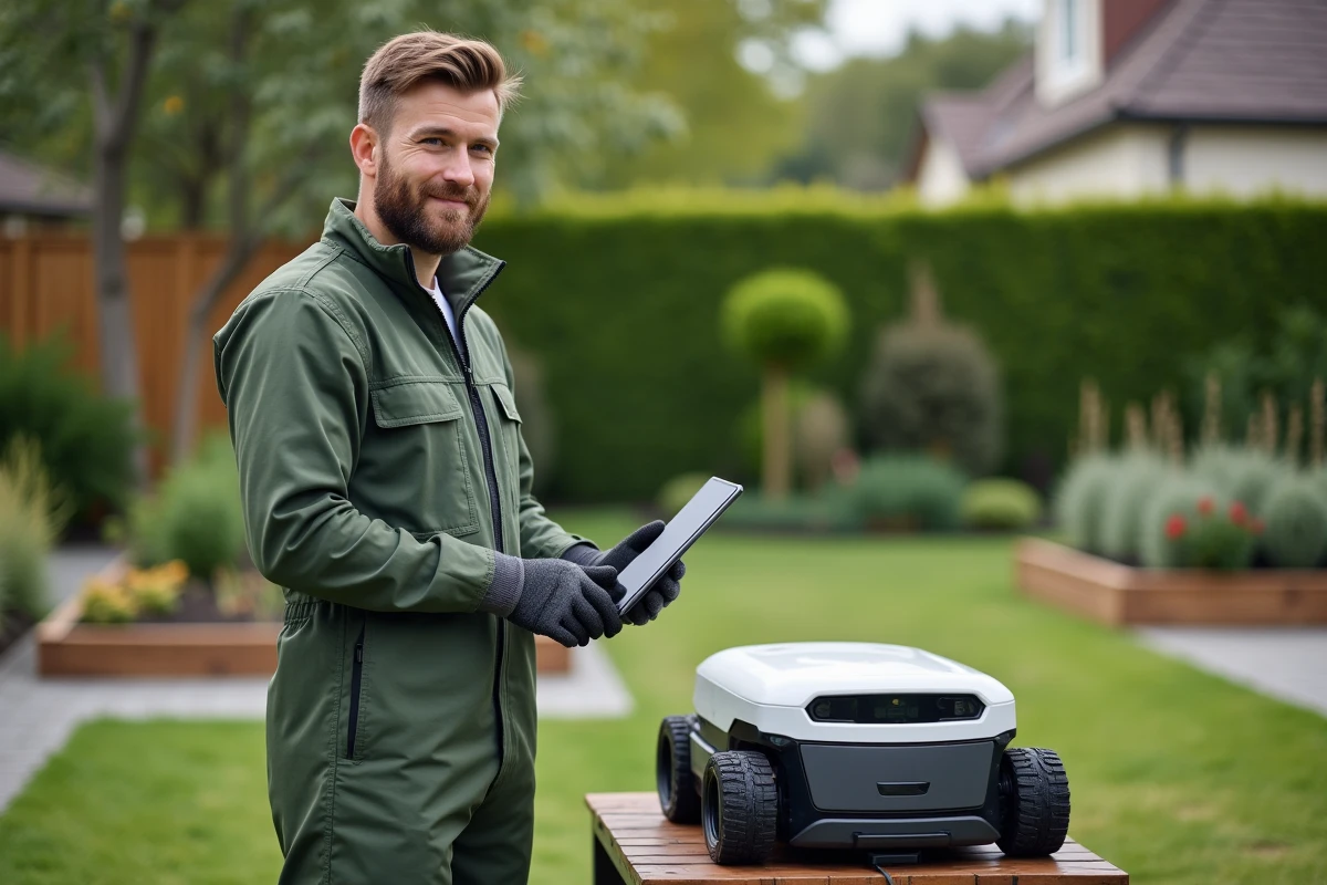 Jeune homme surveillant un robot de jardinage connecté