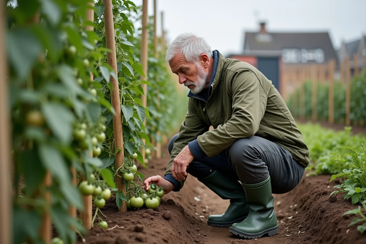 Jardinier expérimenté examinant des plants de tomates en fin de saison dans un jardin ouvrier en automne