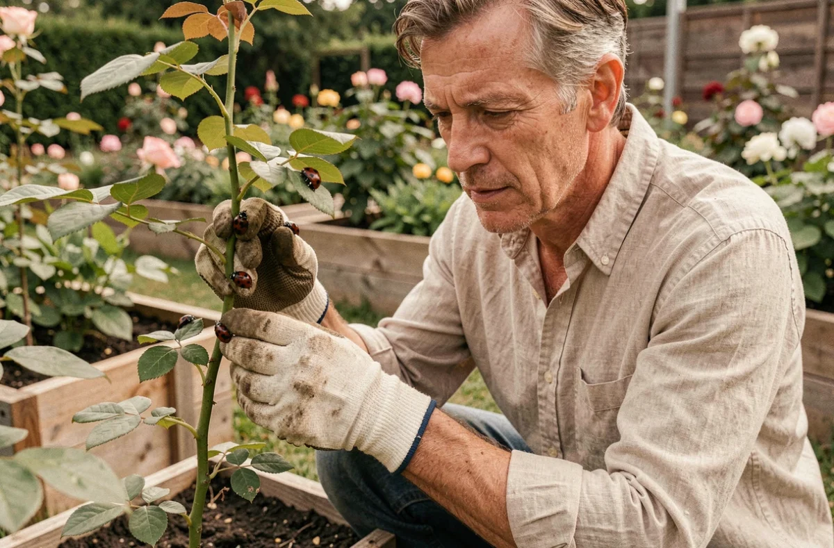 Jardinière examinant des coccinelles noires à points rouges sur un rosier dans son jardin