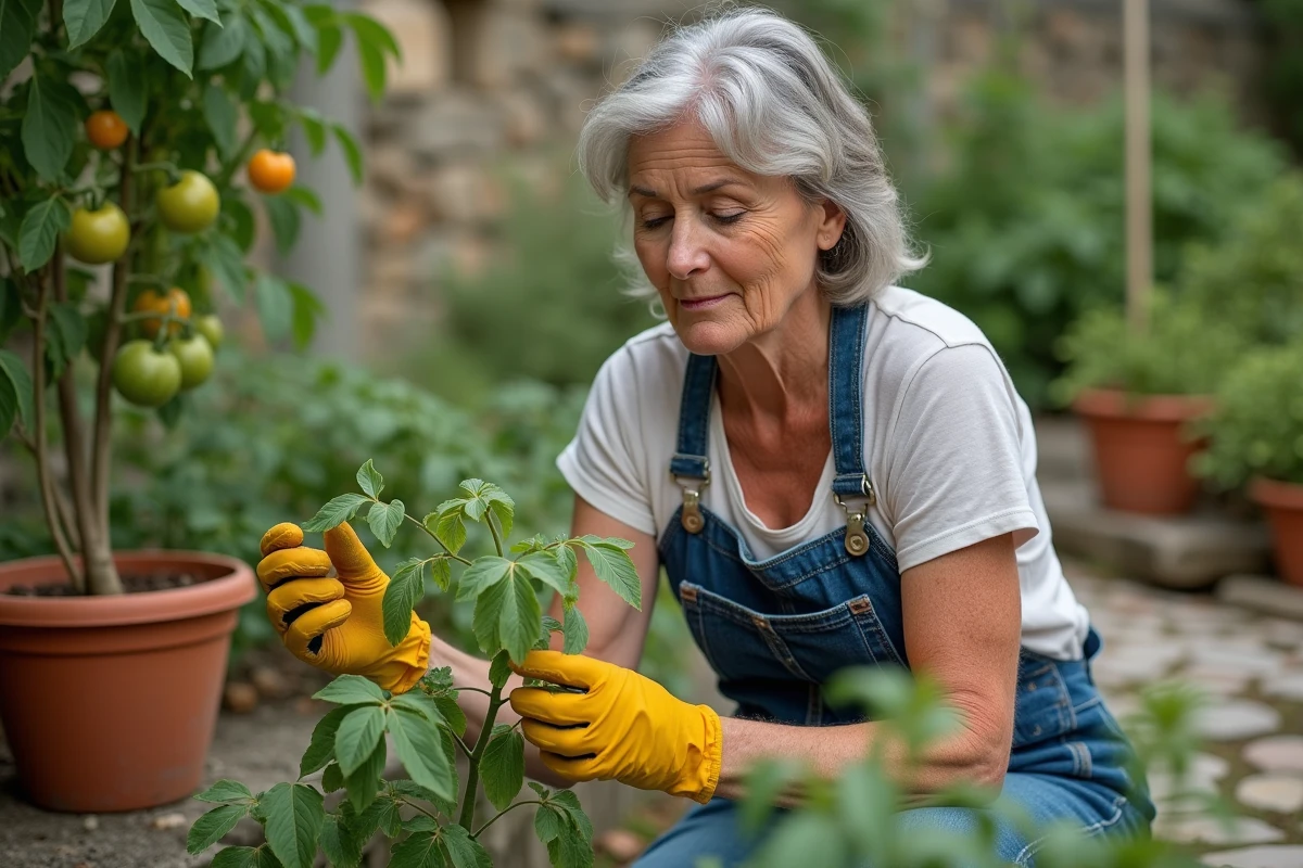 Jardinière examinant les feuilles jaunes d'un plant de tomates dans un potager méditerranéen avant la floraison