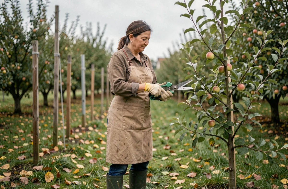Femme jardinière taillant un jeune arbre fruitier dans un verger en automne