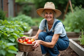 Femme récoltant des tomates dans un jardin potager