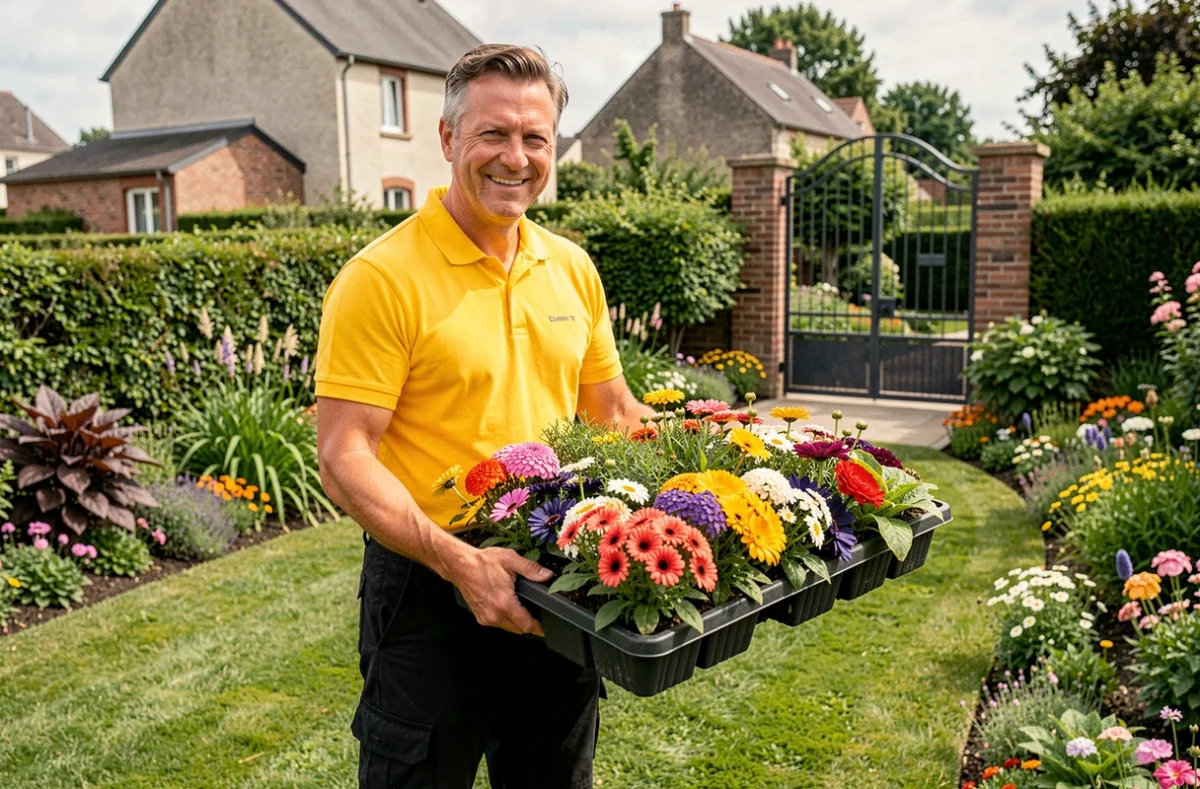 Professionnel de Jardinons Pour Vous apportant des fleurs de saison pour une plantation dans un jardin résidentiel de Dijon