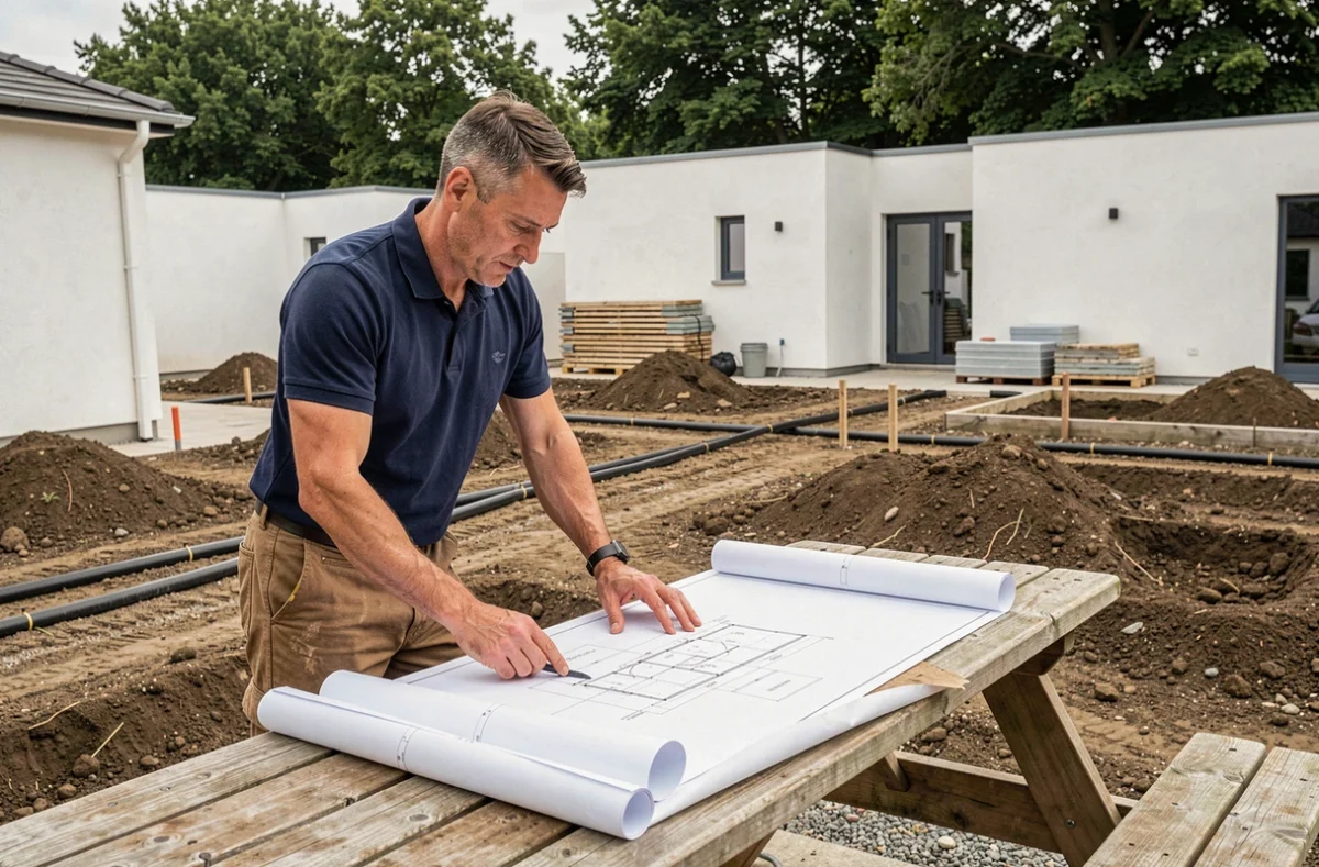 Paysagiste des Jardins de l'Ouest consultant des plans de construction dans un jardin résidentiel en chantier à l'ouest de Lyon
