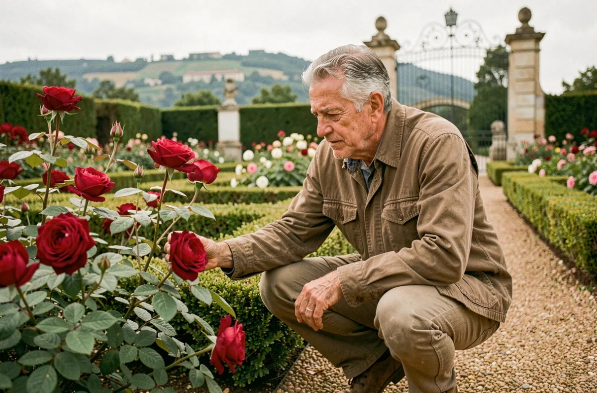 Jean Pierre Brevet, paysagiste expérimenté, examinant une rose ancienne dans un jardin classique lyonnais avec des buis taillés en arrière-plan