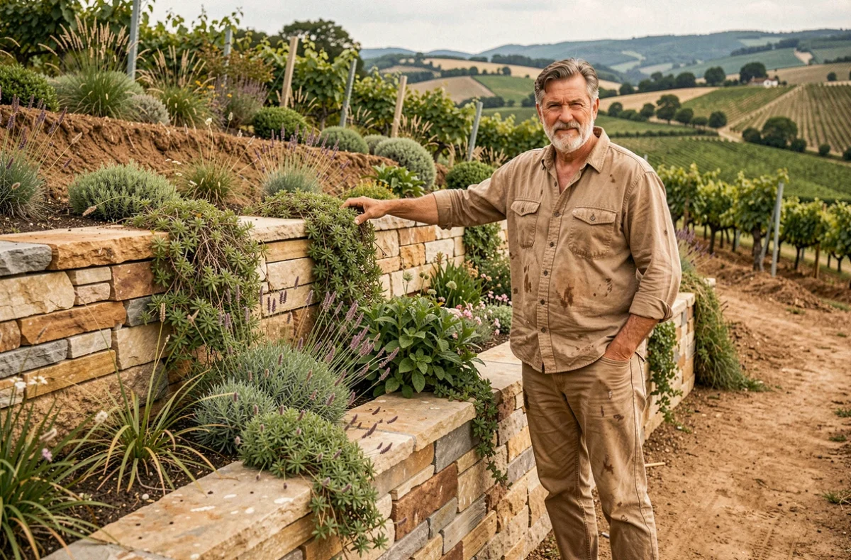 Jérôme Cassiot d'Element Terre devant un mur en pierres sèches dans un jardin en terrasses de la vallée du Rhône