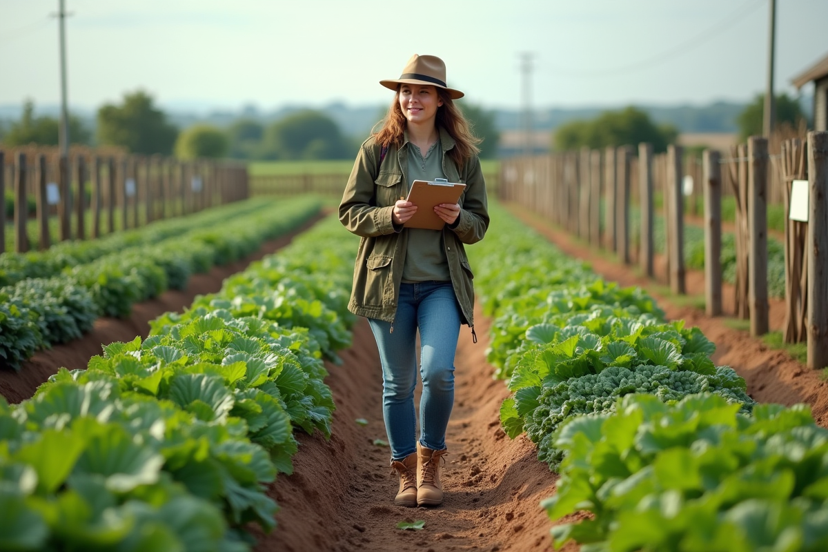 Jeune agronome observant les cultures dans un champ diversifie