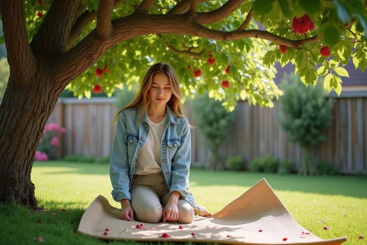 Jeune femme déploie un tapis sous un mûrier chargé de mûres