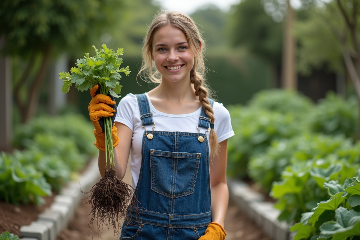 Jeune femme en salopette arrachant une mauvaise herbe dans le potager
