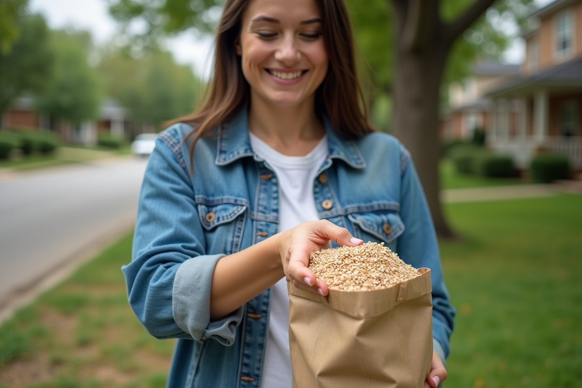 Jeune femme verse des graines dans sa main sur une pelouse