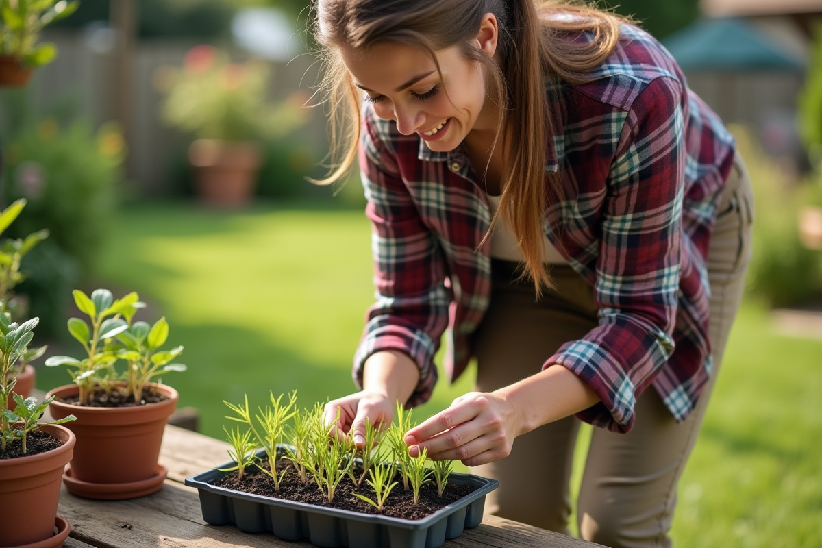 Jeune femme inspectant des germes dans un bac à semis