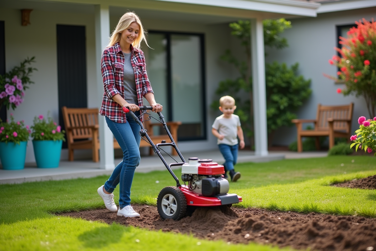 Jeune femme pousse un motoculteur dans un jardin suburbain