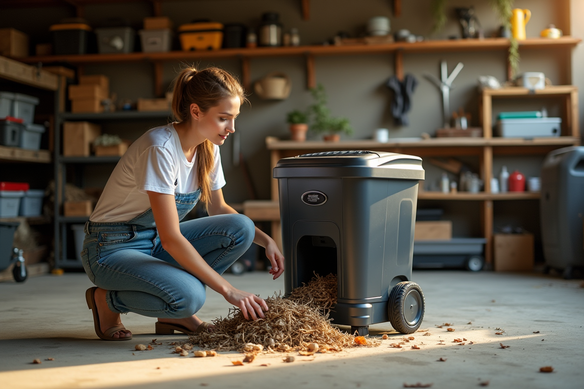 Jeune femme utilisant un broyeur électrique dans un garage