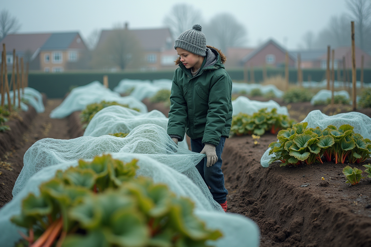 Jeune garçon en hiver couvrant légumes avec filet