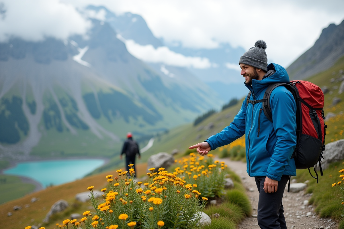 Jeune homme pointant des fleurs alpines sur un sentier de montagne