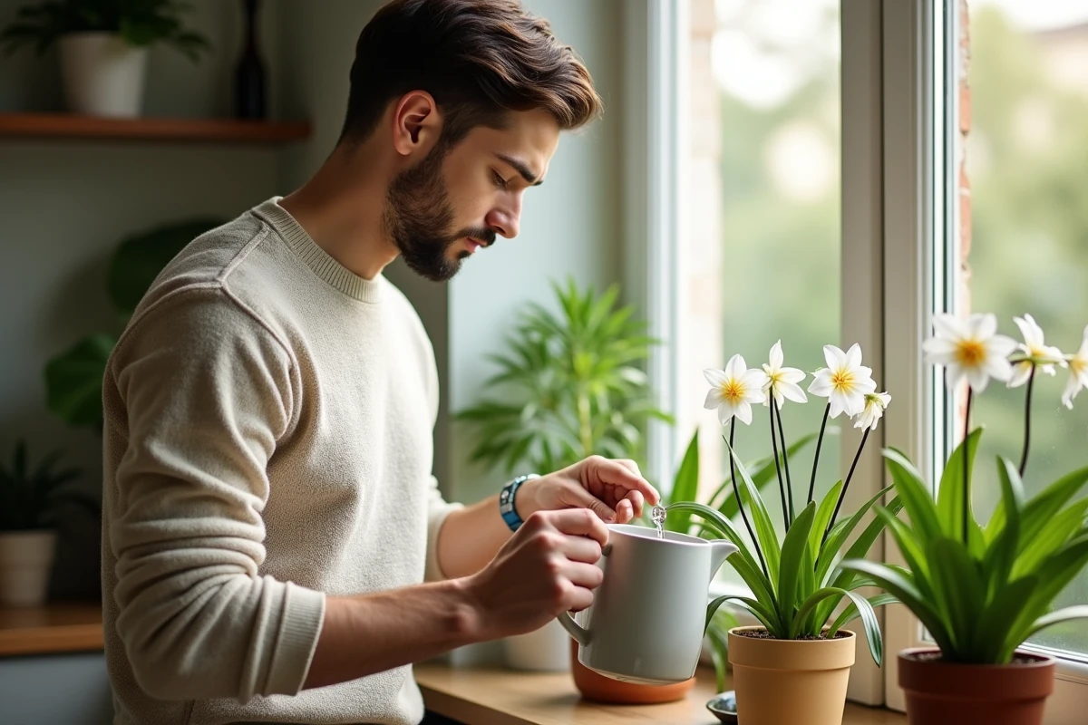 Jeune homme arrosant des lys nains sur une fenêtre intérieure