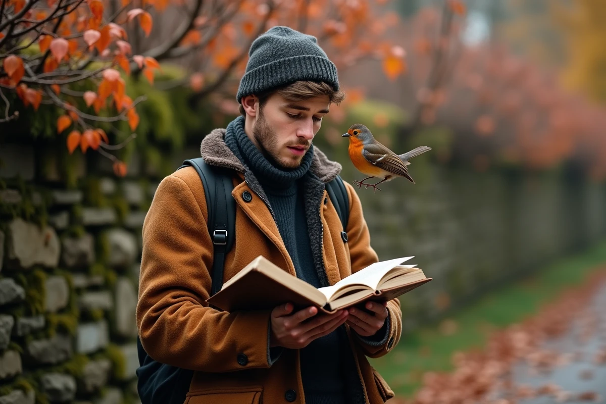Jeune homme regarde un rouge-gorge sur son journal en automne