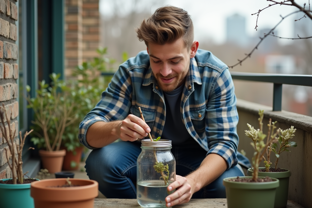 Jeune homme en flanelle trempant une branche de figuier dans un bocal
