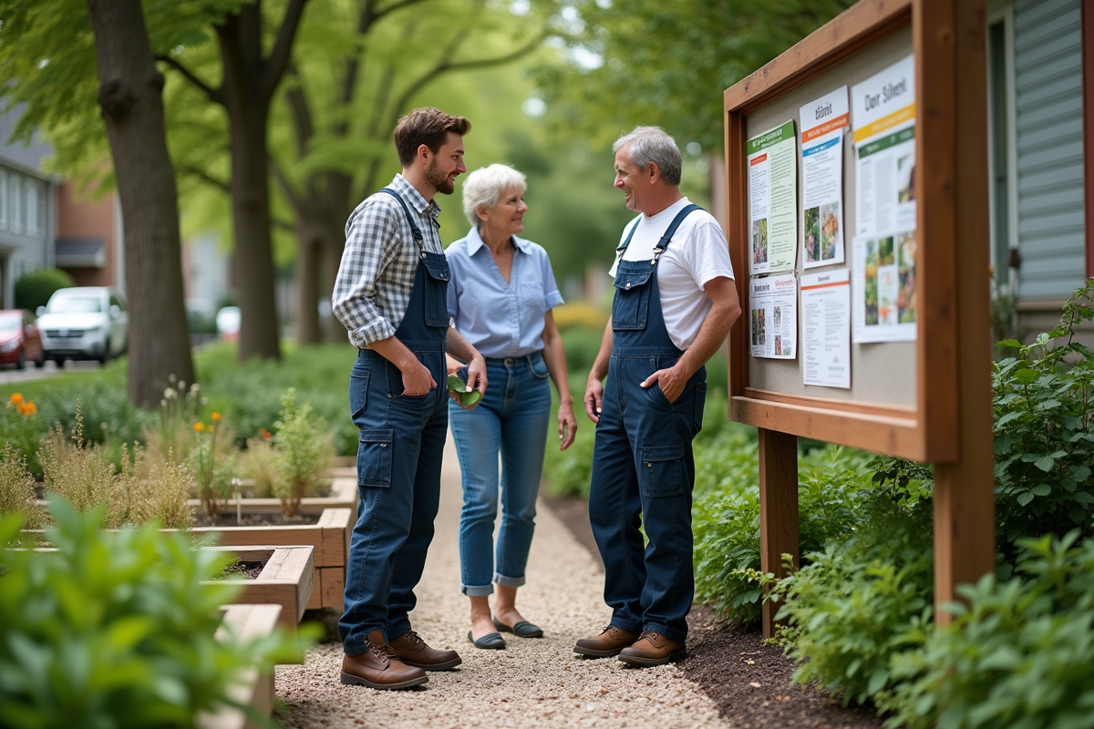 Jeune homme discutant avec un couple dans un jardin communautaire