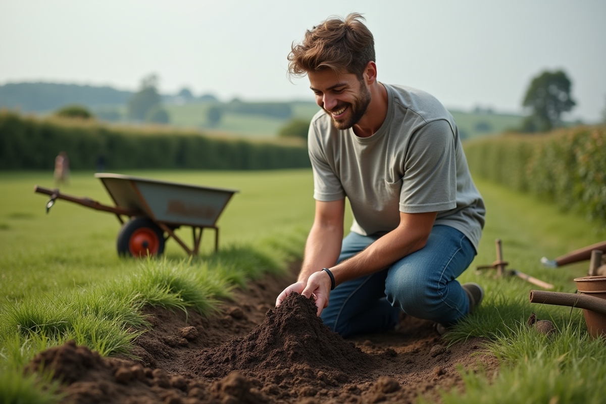 Jeune homme examinant la terre dans un champ rural