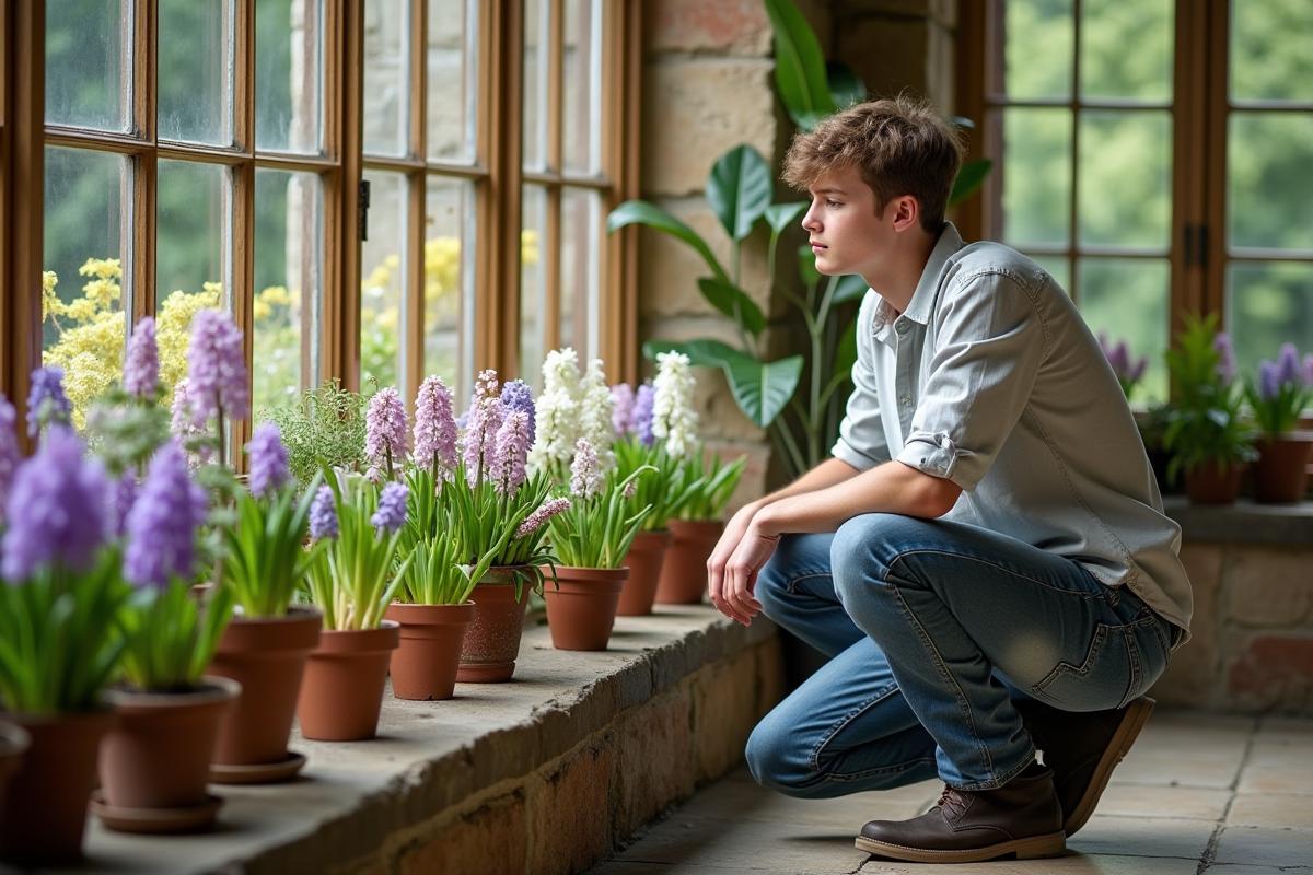 Jeune homme inhalant des fleurs dans un conservatoire lumineux
