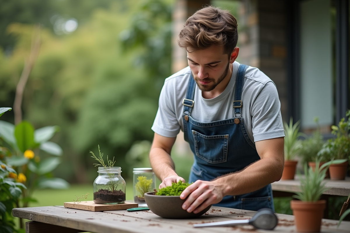 Jeune homme arrangeant de la mousse dans un terrarium extérieur