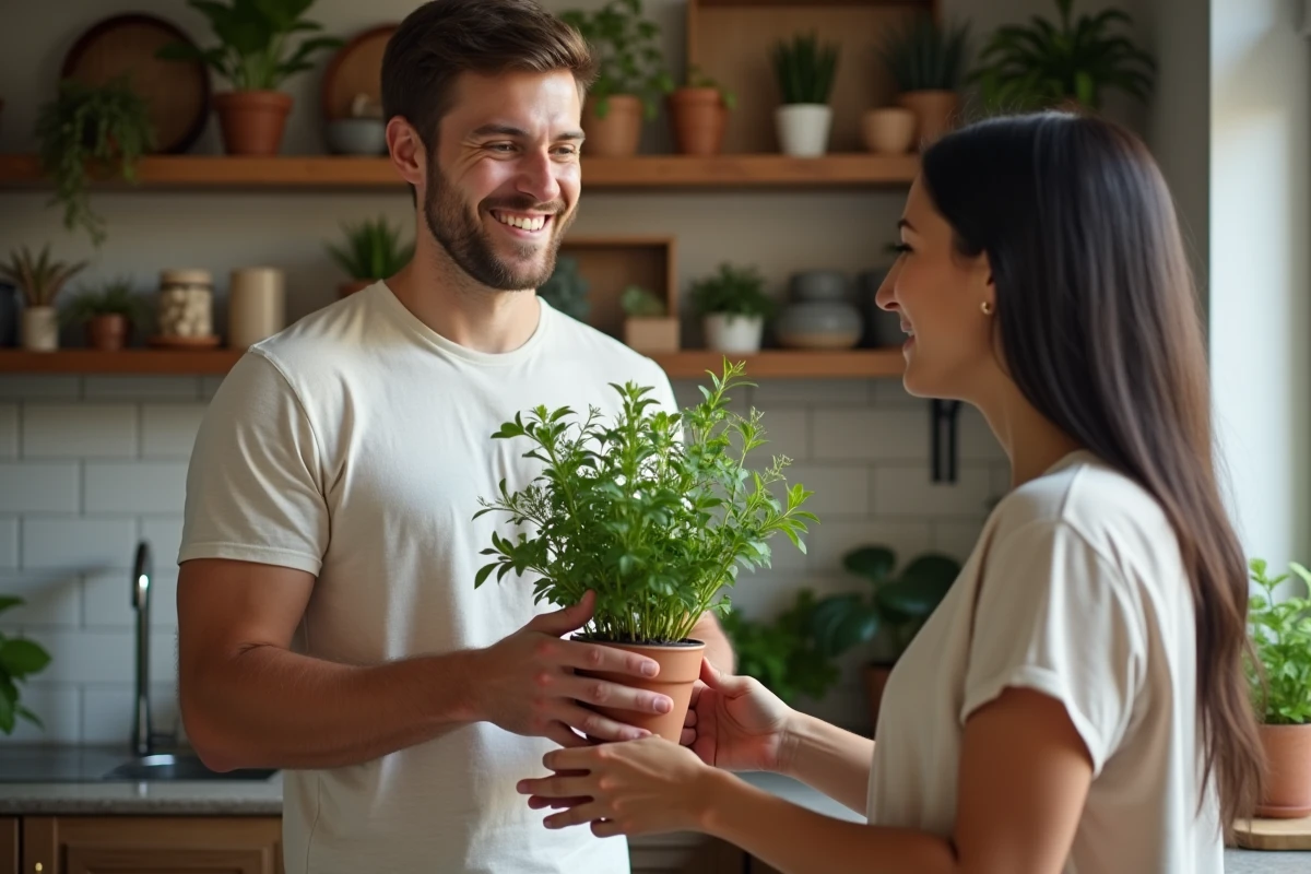 Jeune homme offrant un laurel en pot dans la cuisine