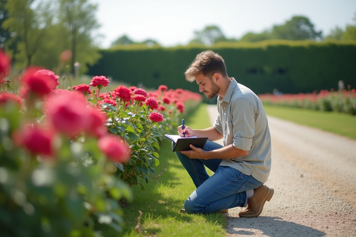 Jeune homme prenant notes près des rosiers en plein air