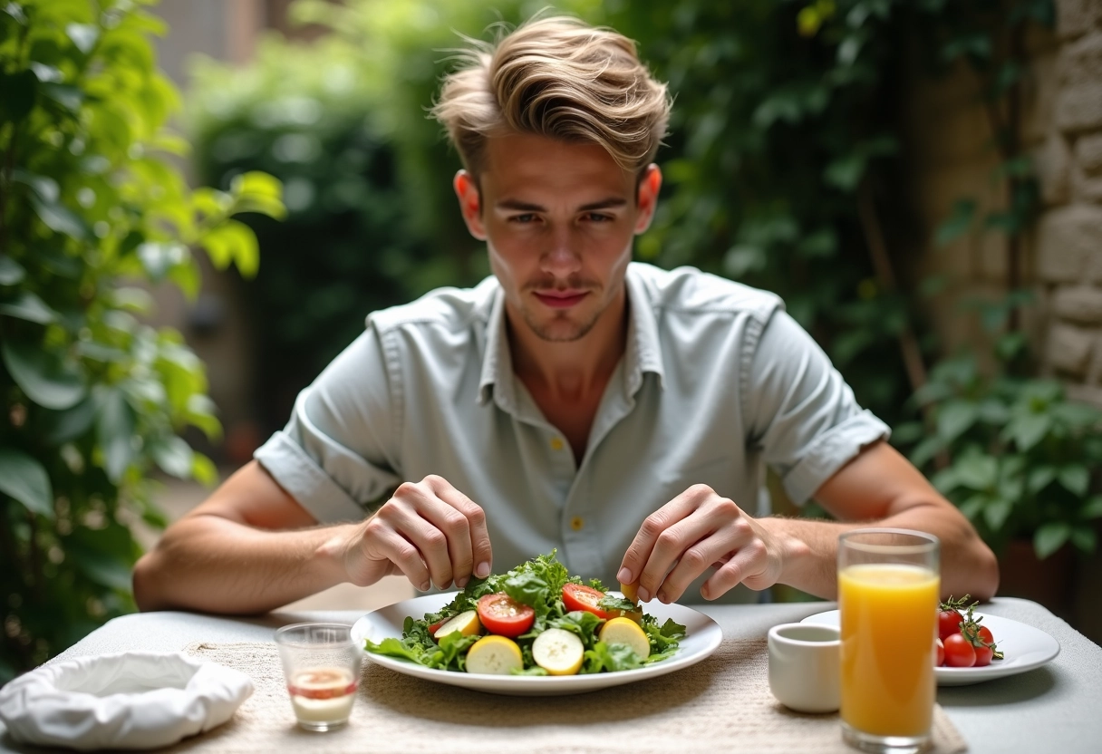 Jeune homme dégustant une salade au ceriman en extérieur