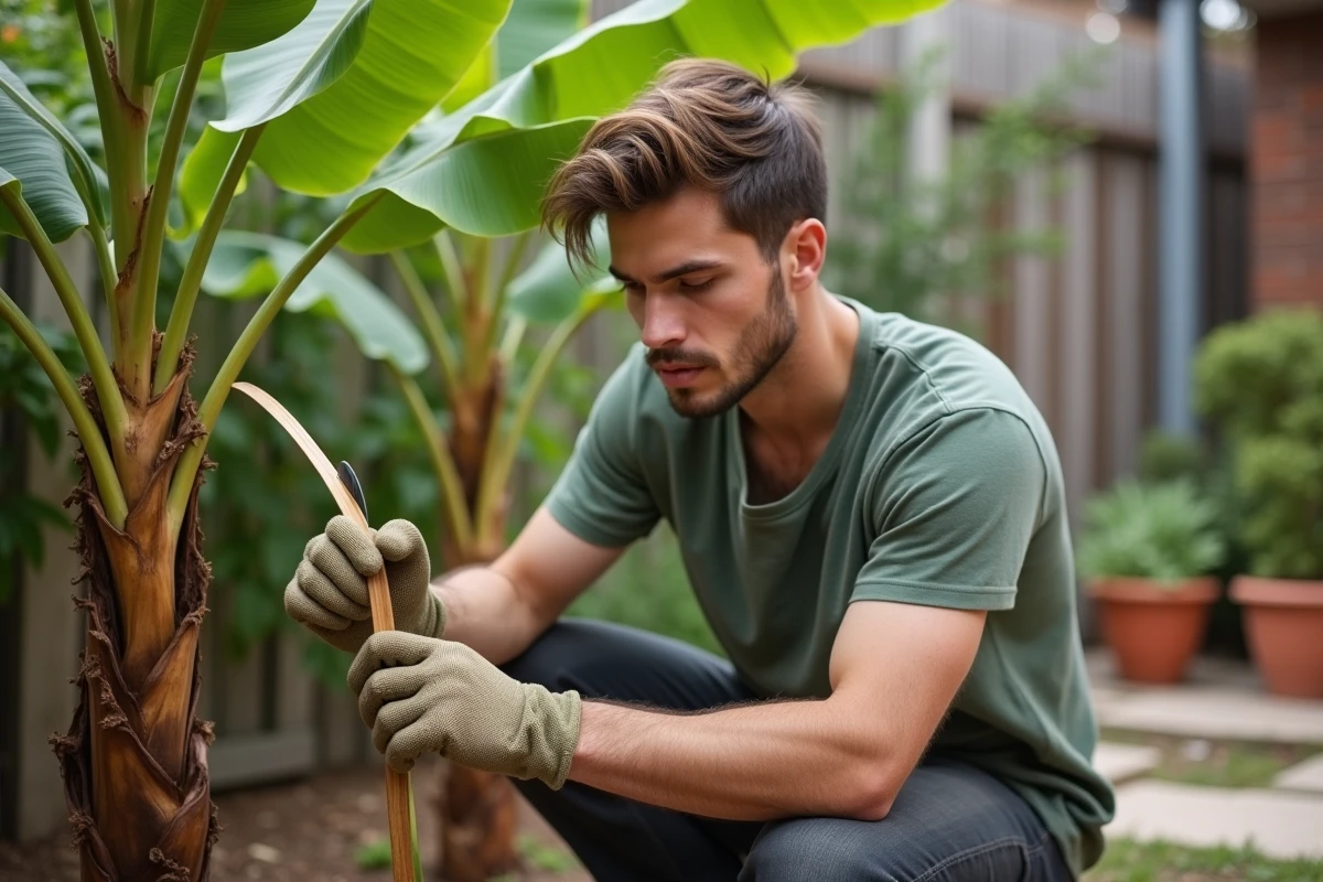 Jeune homme taillant une banane dans son jardin