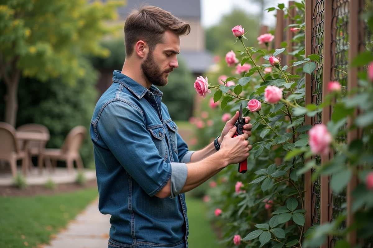 Jeune homme taillant des roses dans le jardin