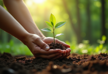 Jeune plant being planté par des mains diverses dans une forêt verte